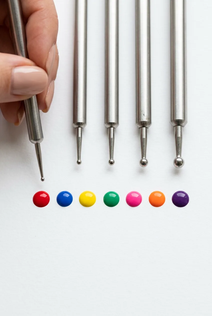 Various metal dotting tools arranged with colorful polish drops showing size comparison