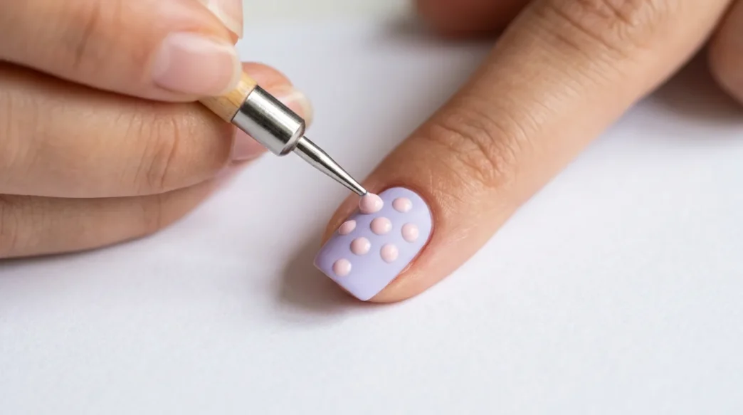 Metal dotting tool placing perfect dot of polish on pastel nail with existing dot pattern