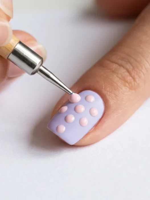 Metal dotting tool placing perfect dot of polish on pastel nail with existing dot pattern