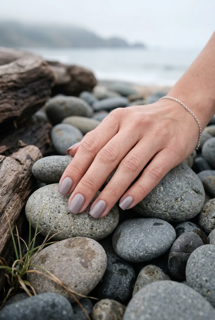 Driftwood neutral manicure with complex gray-lavender undertones resting on smooth river stones
