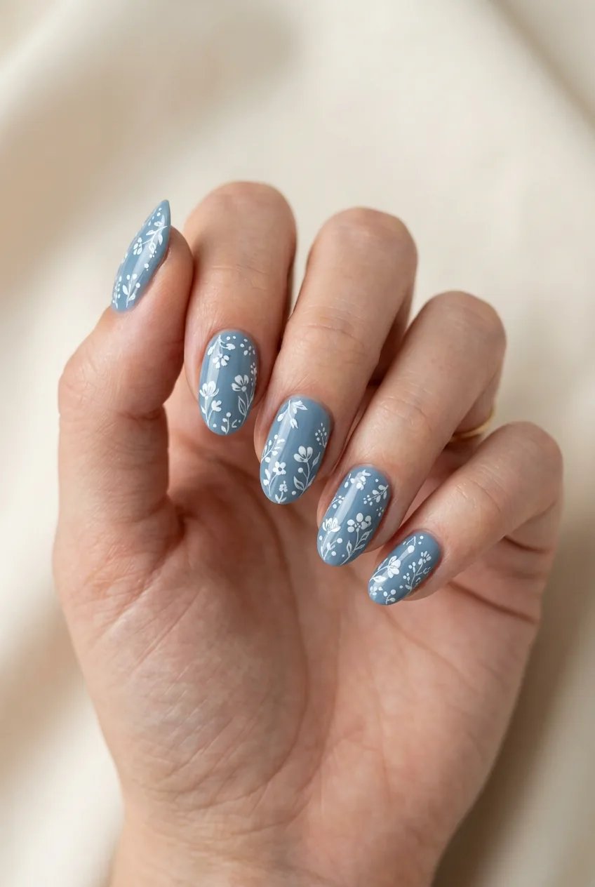 Woman's hand showing dusty blue nail polish with delicate white floral accent designs