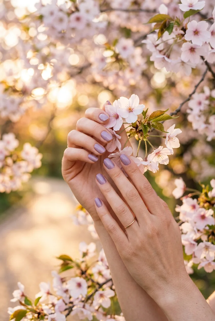 Close-up of hands with dusty lavender nail polish touching delicate cherry blossom petals