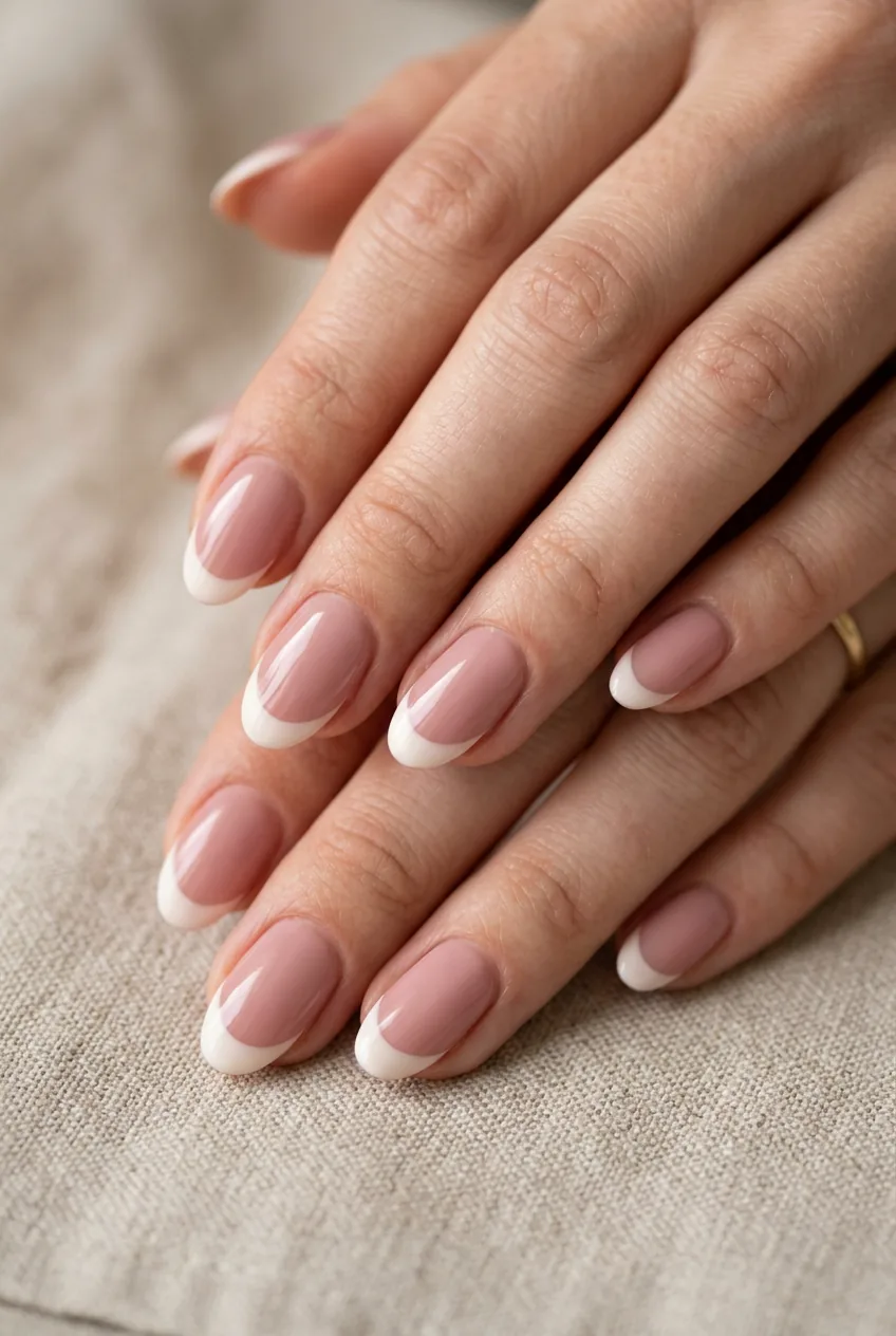 Classic french manicure with dusty rose base and soft curved white tips showing romantic spring adaptation
