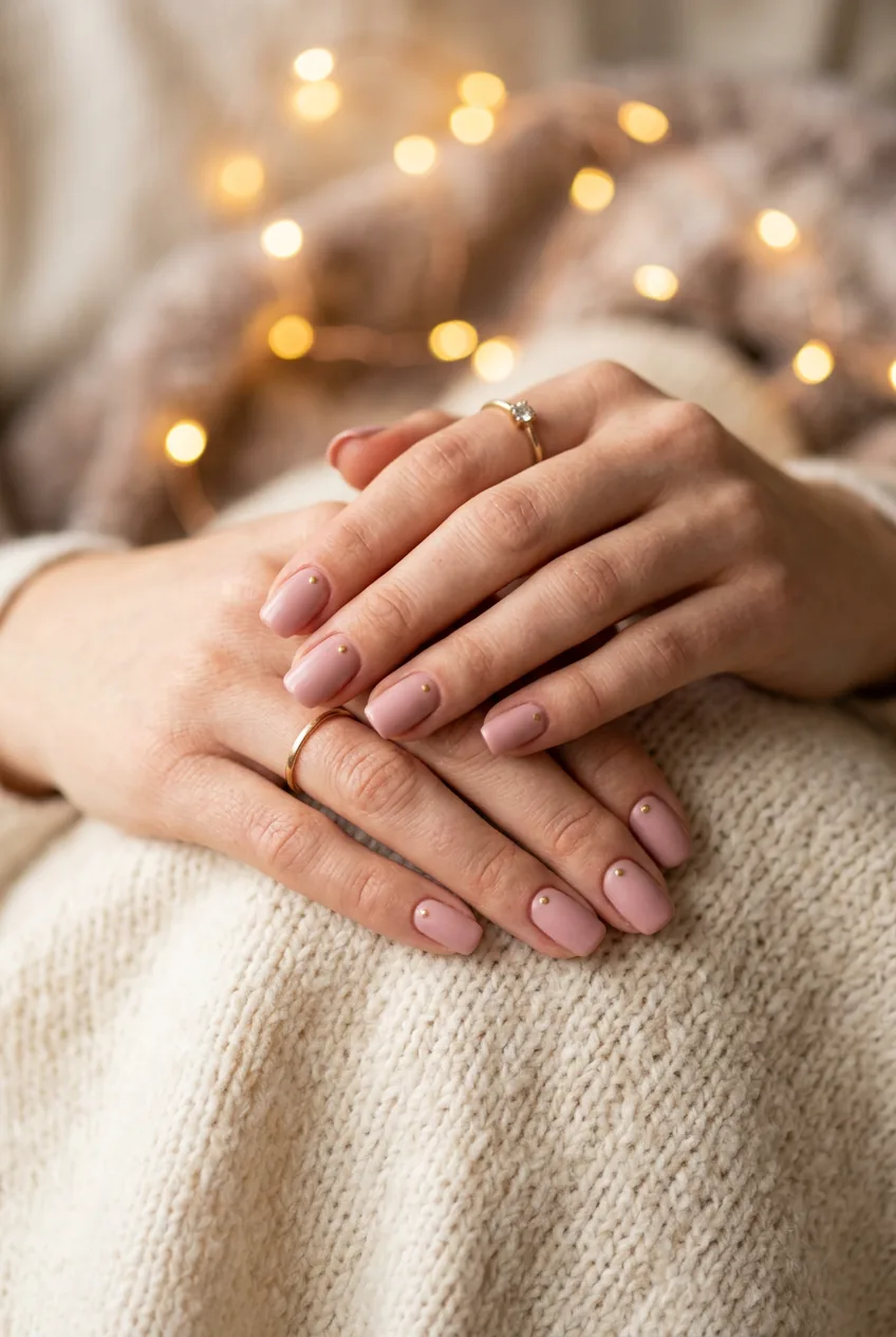 Close-up of hands with dusty rose nails and tiny gold dot accents in soft romantic lighting