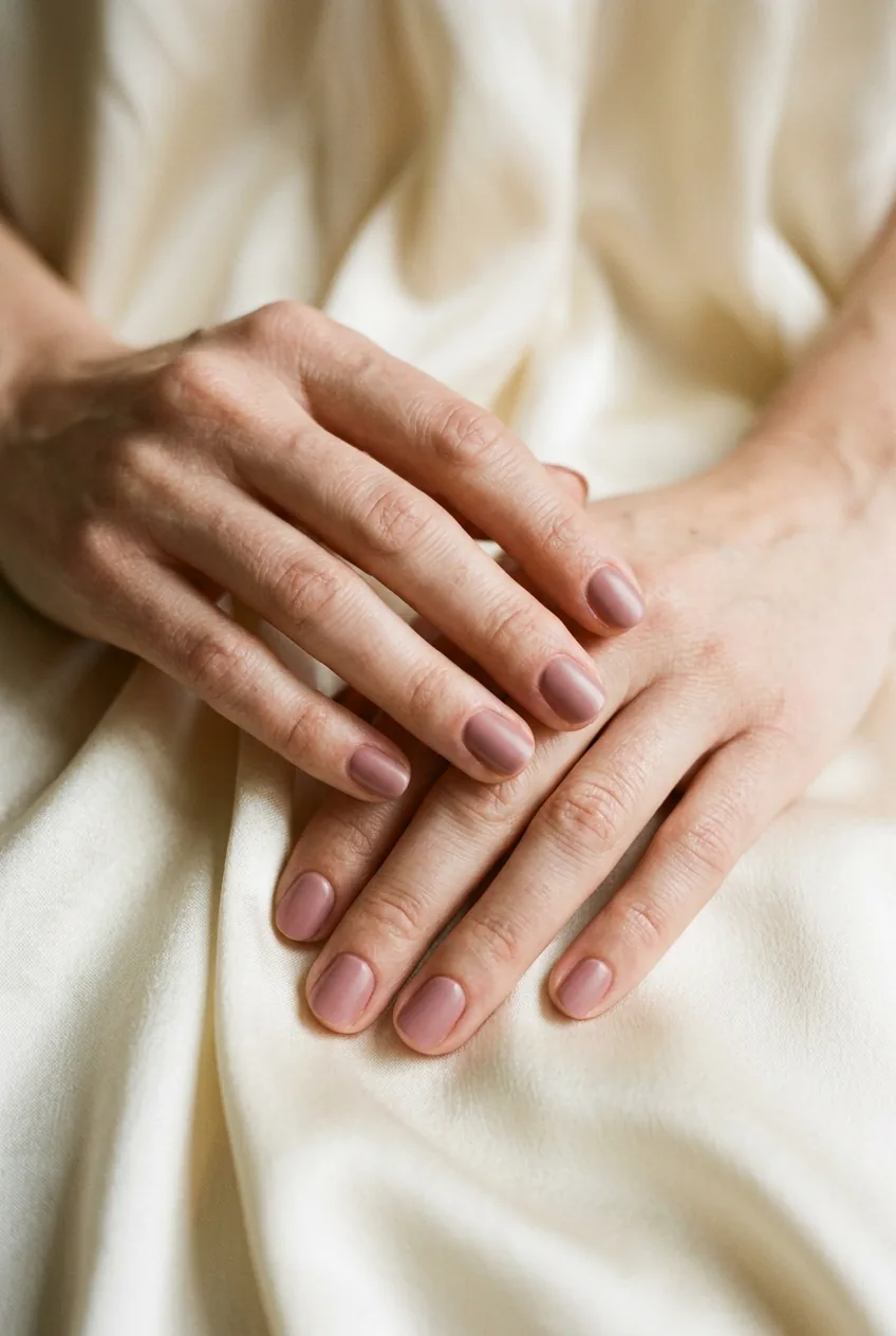 Sophisticated dusty rose manicured nails positioned elegantly against cream silk fabric