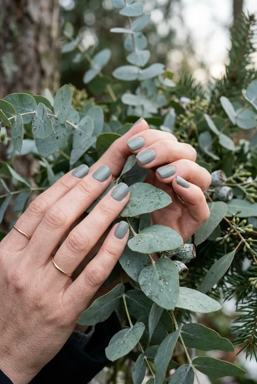 Detailed view of dusty sage nail polish on almond-shaped nails photographed with eucalyptus branches