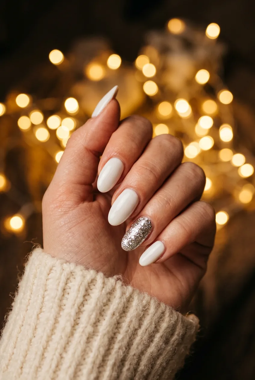Early 2000s white manicure with chunky silver glitter accent nail in oval shape