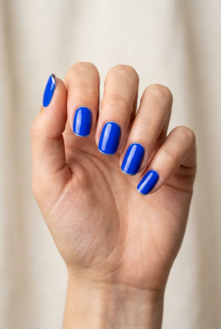 Woman's hand showing vibrant electric cobalt blue nail polish in glossy finish