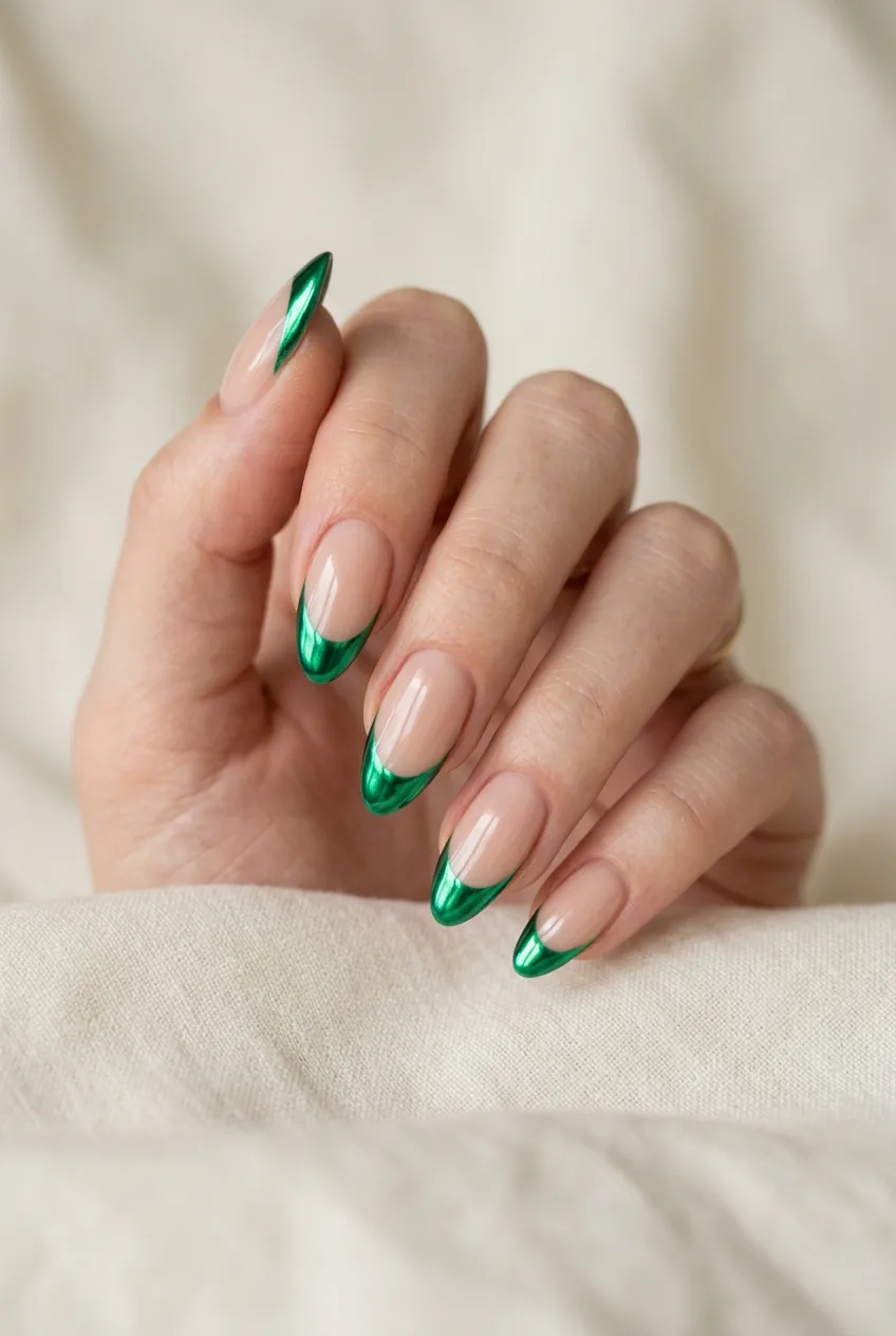 Woman's hand with electric emerald chrome French tips contrasting against nude nail base