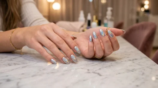 Woman's hands displaying completed holographic foil transfer manicure on marble salon table with mirror finish