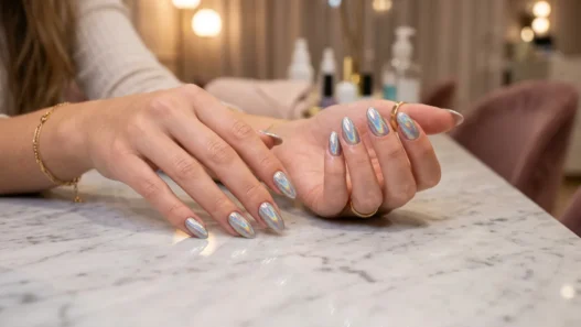 Woman's hands displaying completed holographic foil transfer manicure on marble salon table with mirror finish