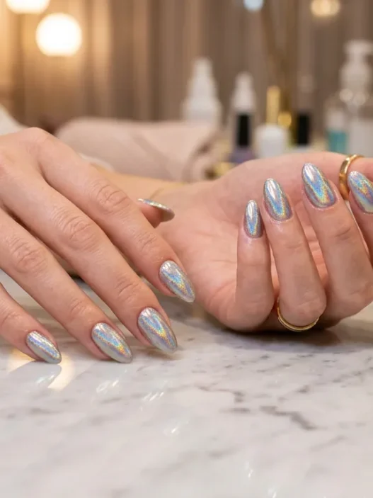 Woman's hands displaying completed holographic foil transfer manicure on marble salon table with mirror finish