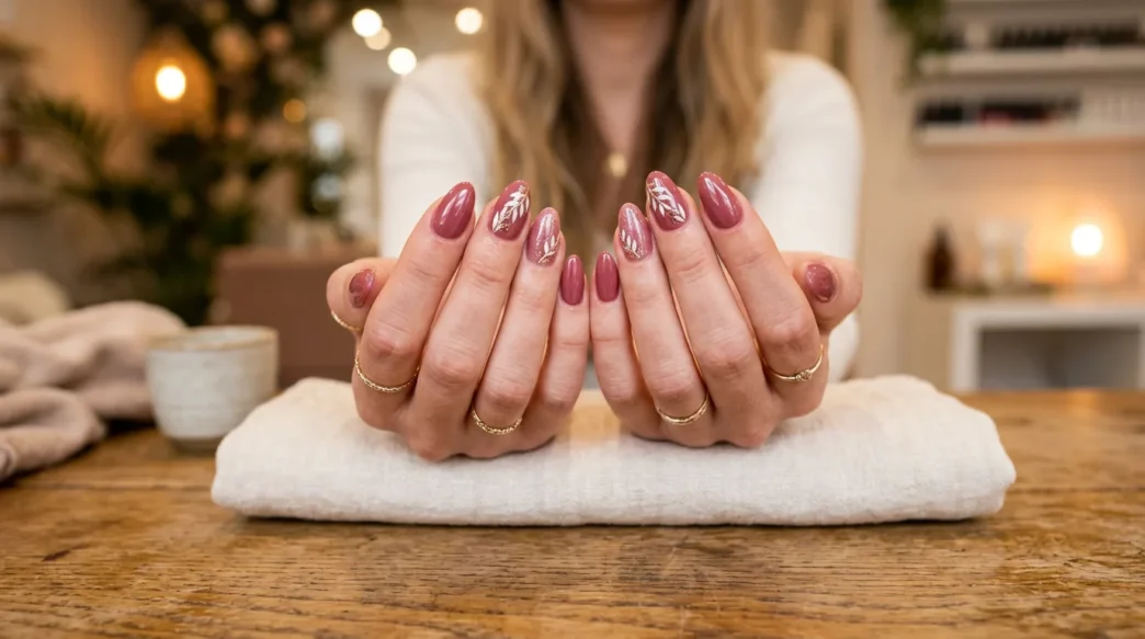 Woman's hands elegantly displayed on salon table showing freshly manicured nails with glossy finish