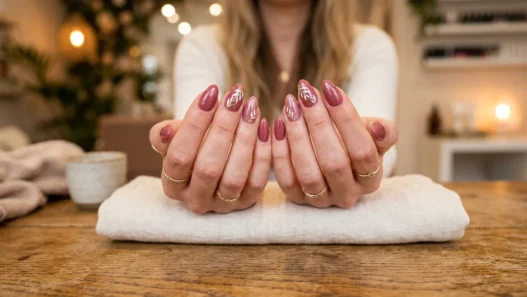 Woman's hands elegantly displayed on salon table showing freshly manicured nails with glossy finish