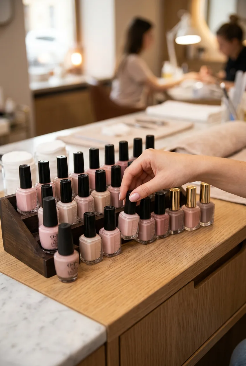 Collection of elegant nail polish bottles in nude and pink shades arranged on salon counter