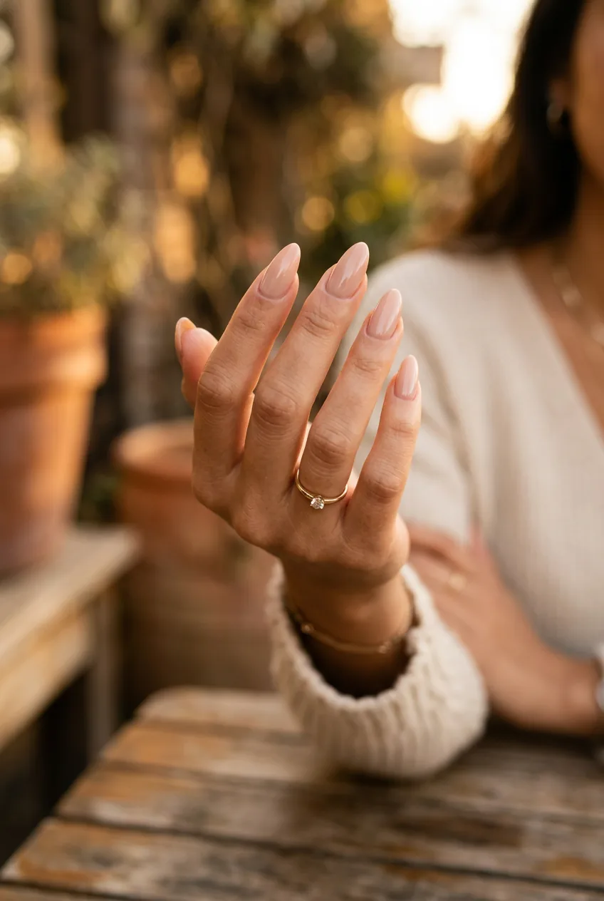 Woman's hand demonstrating classic nude almond nail shape for finger elongation