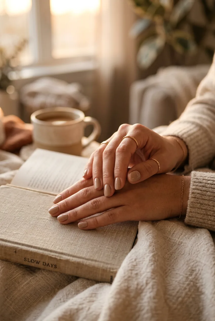 Woman's hands with short nails in elegant neutral shade positioned gracefully in soft light