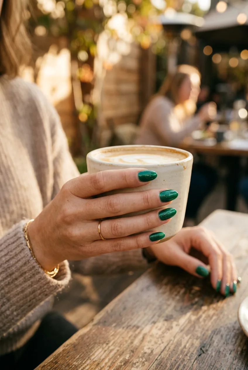 Woman holding coffee cup showing sophisticated emerald green manicure with subtle shimmer