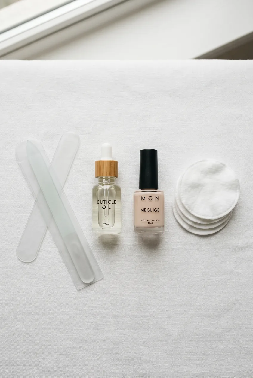 Glass nail file, cuticle oil, neutral polish and cotton rounds arranged on white surface