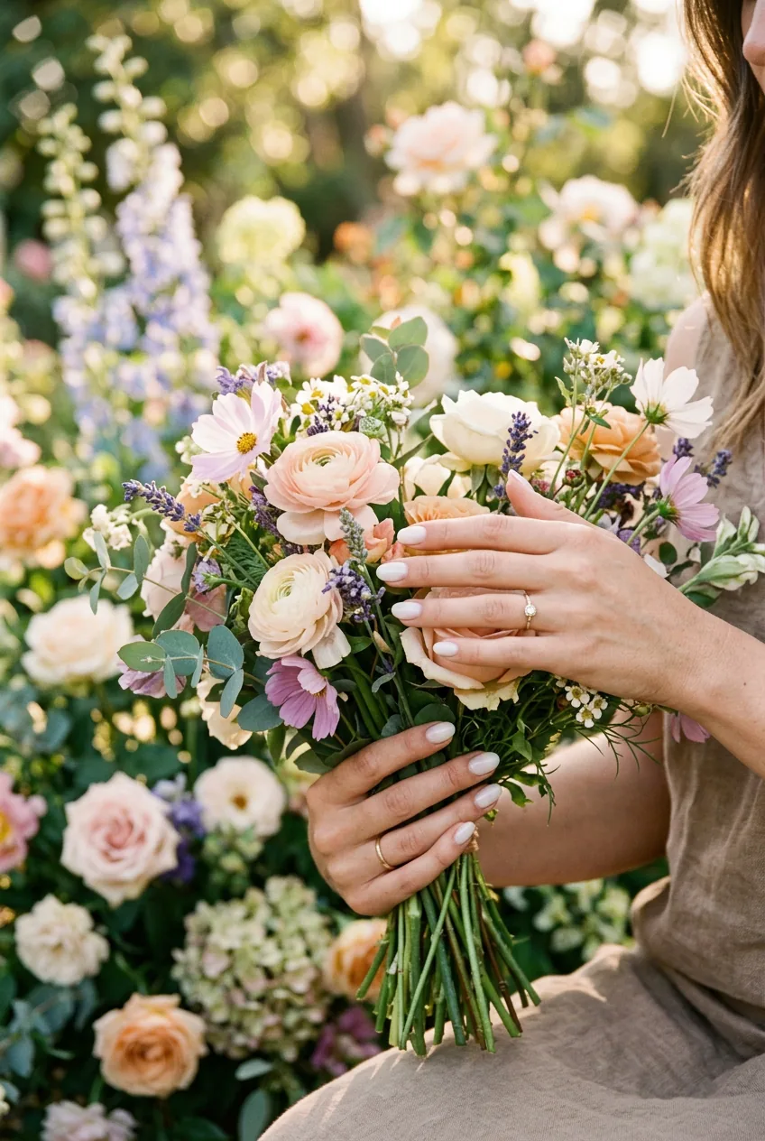Woman's hands holding flowers showing ethereal milky white manicure in garden