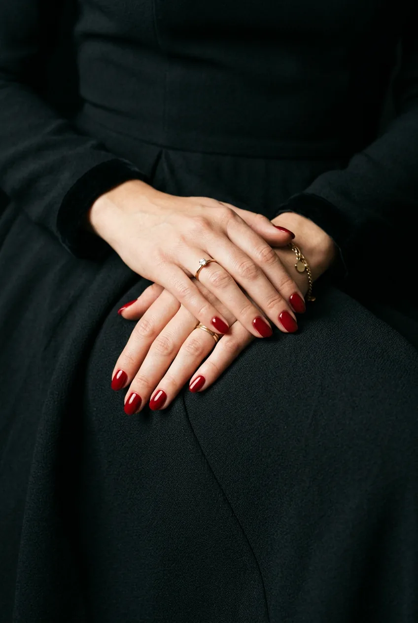 Close-up of hands with classic red nails against black evening dress fabric