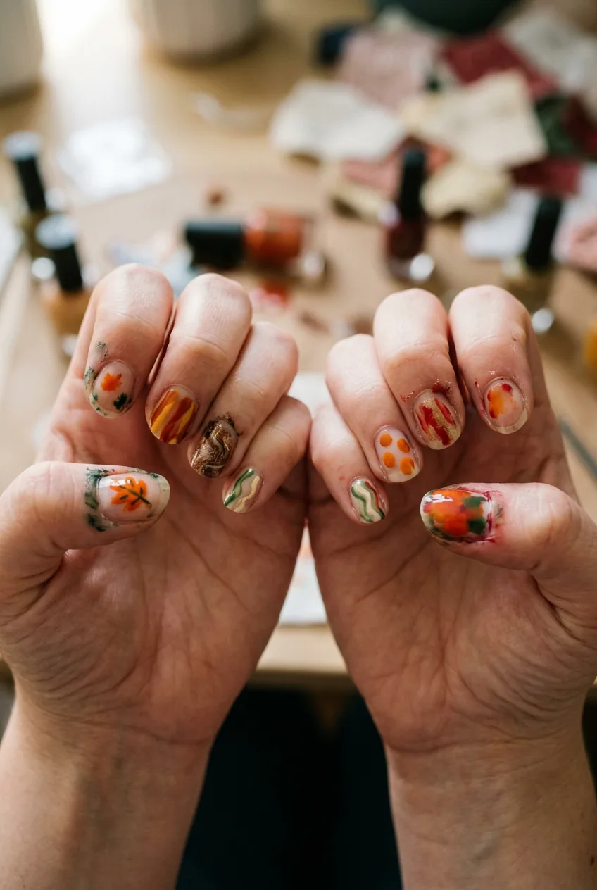 Behind-the-scenes shot of hands displaying imperfect smudged autumn nail art attempt
