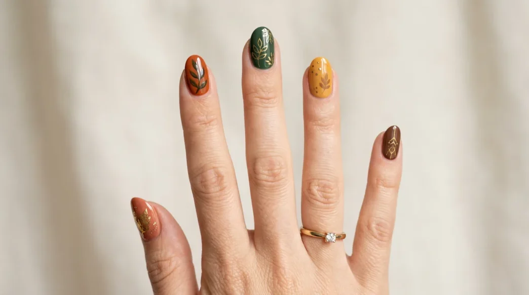 Woman's hand showing various fall nail designs in autumn colors like burnt orange, burgundy, and gold