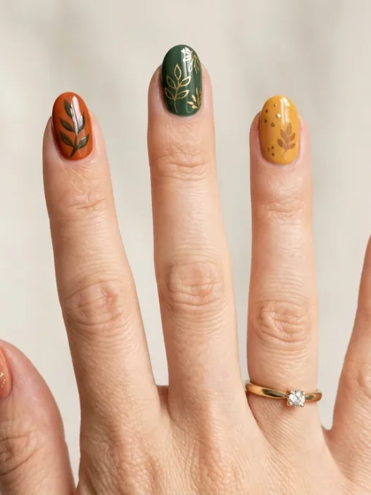 Woman's hand showing various fall nail designs in autumn colors like burnt orange, burgundy, and gold