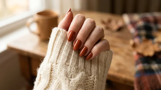 Manicured hand with fall nail design resting on cream knit sweater sleeve in cozy autumn lighting