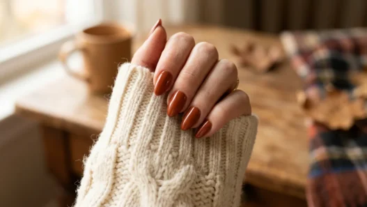 Manicured hand with fall nail design resting on cream knit sweater sleeve in cozy autumn lighting