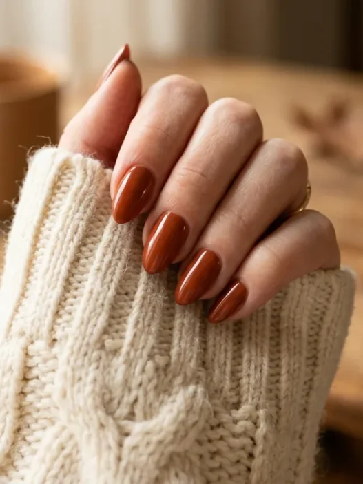 Manicured hand with fall nail design resting on cream knit sweater sleeve in cozy autumn lighting