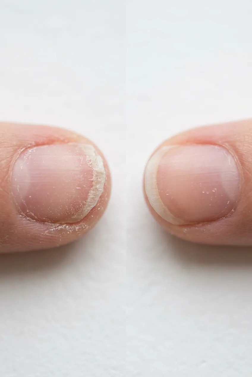 Side-by-side comparison of rough filed nail edges versus smooth properly filed edges