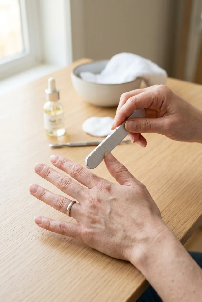 Woman filing nails into rounded shape using basic nail file in preparation