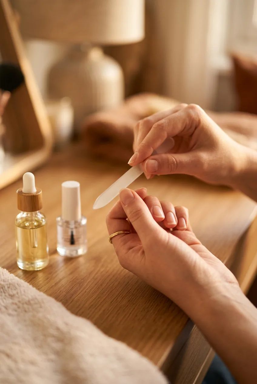 Woman's hands filing short natural nails with glass nail file at vanity with cuticle oil visible