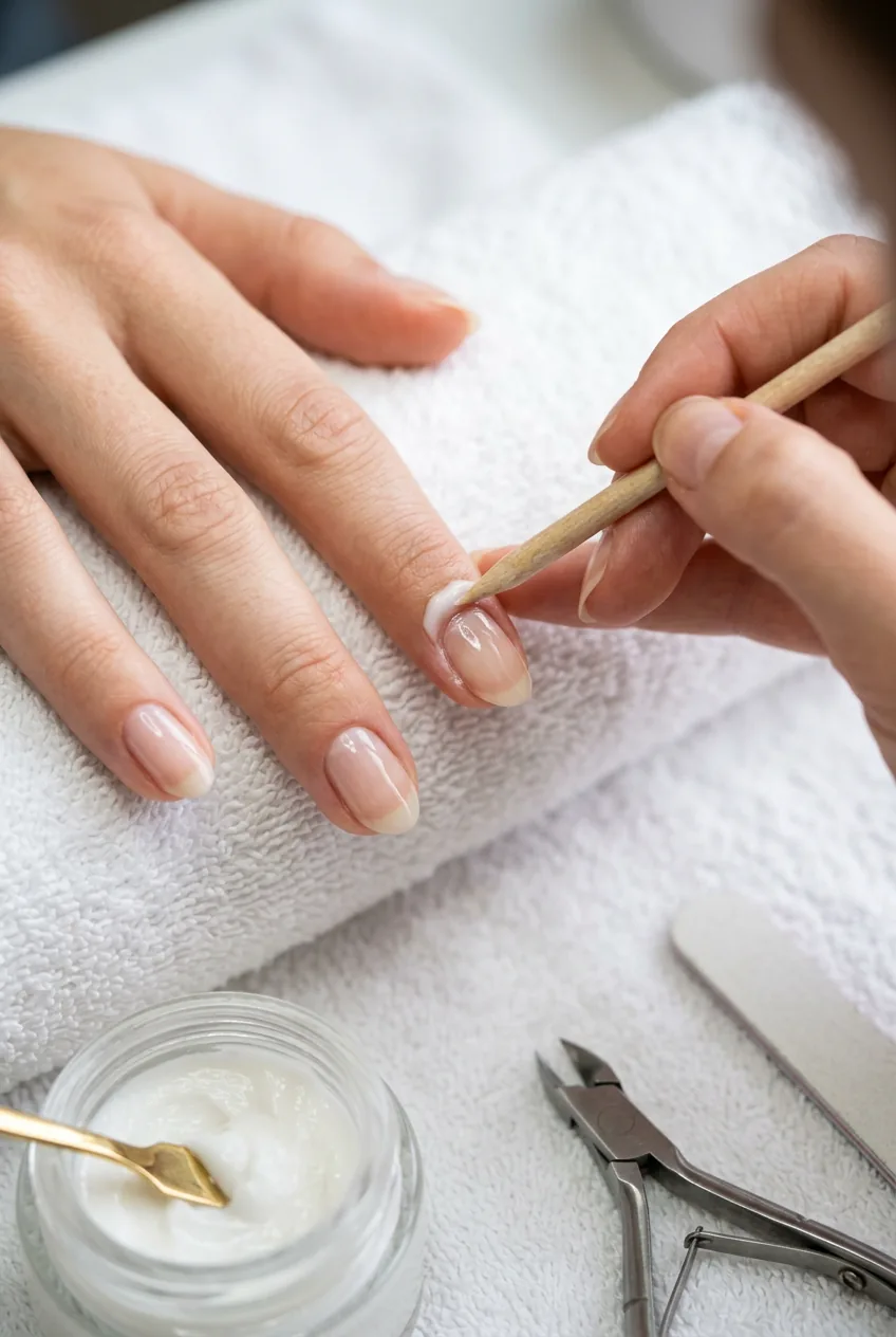 Final nail preparation with cuticle pusher and treatment cream on clean towel