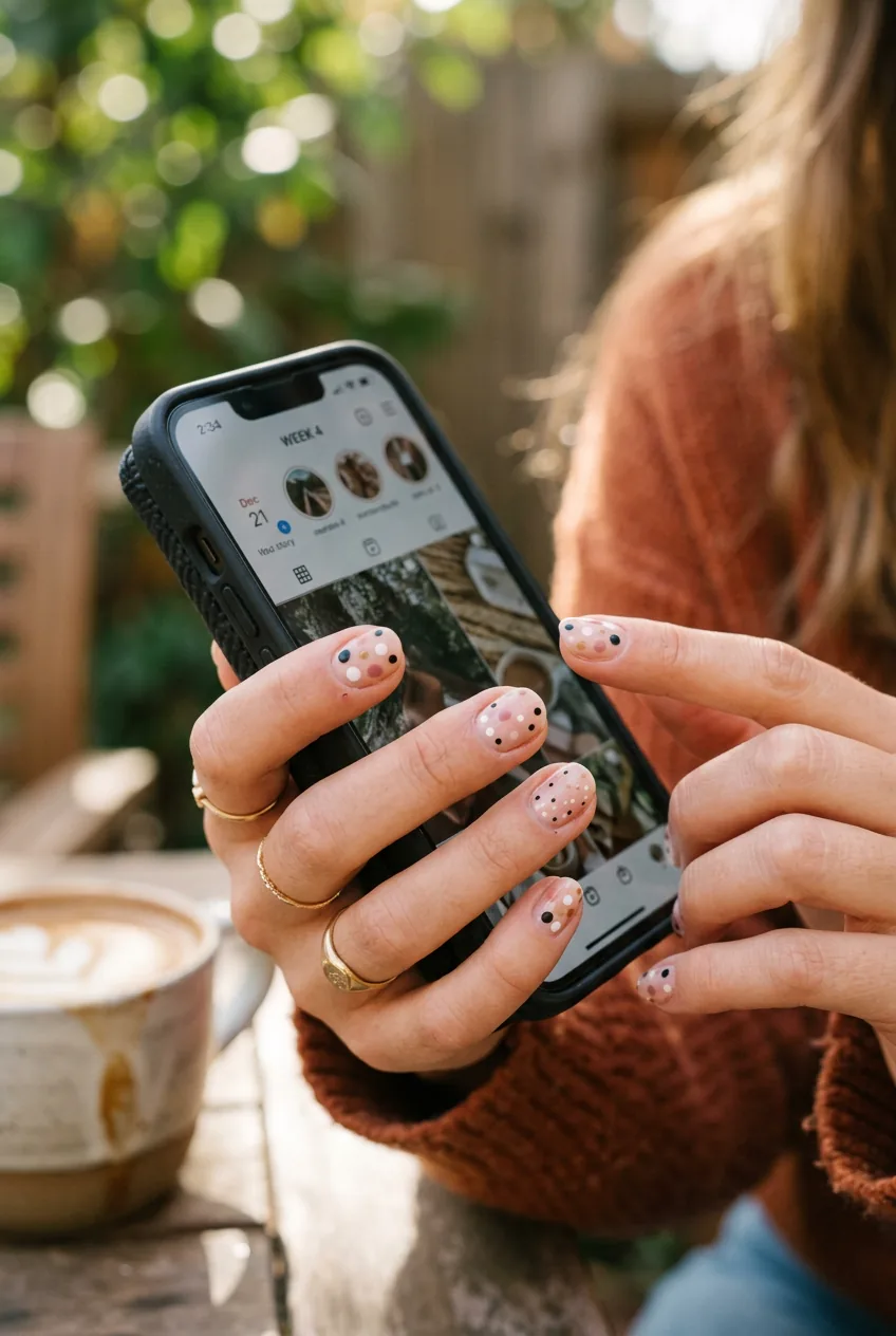 Woman's hands holding phone displaying final week polka dot manicure with mixed dot sizes outdoors