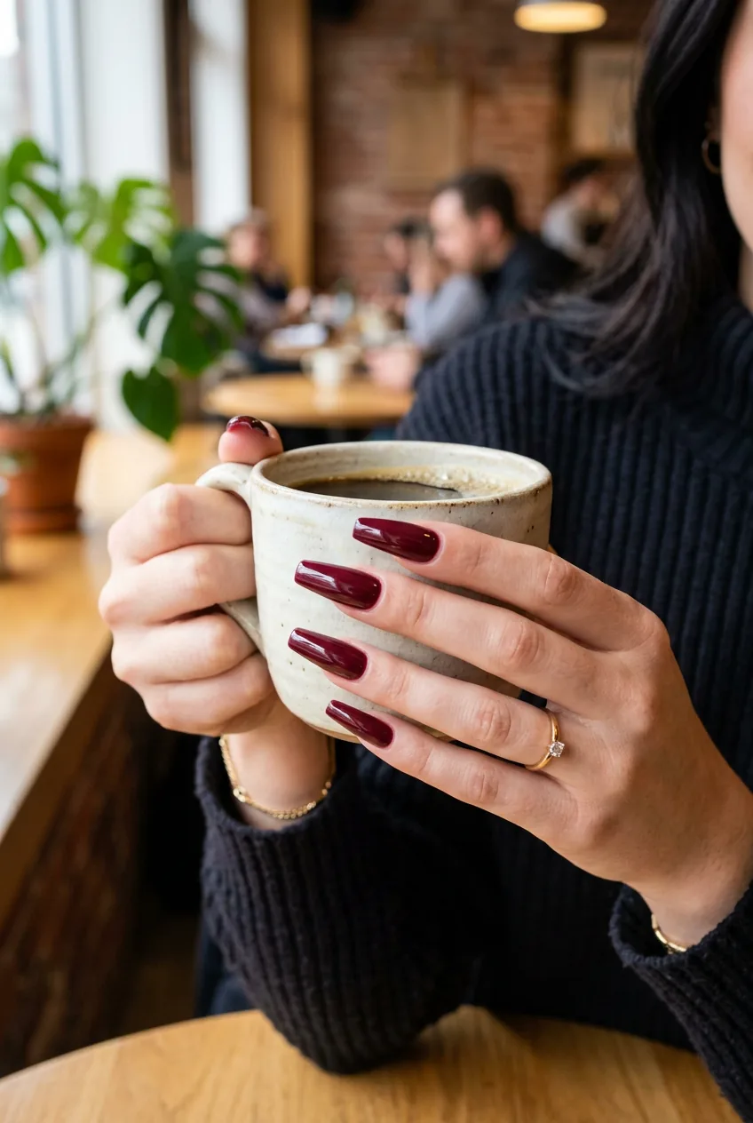 Woman's finished baddie nails holding coffee cup showing glossy burgundy coffin manicure in natural daylight