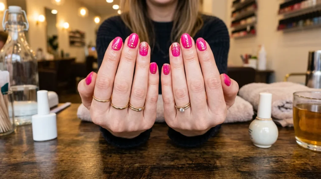 Woman's hands showing completed birthday nail design with bright pink base, gold dots and glitter accents