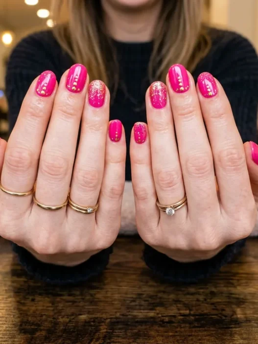 Woman's hands showing completed birthday nail design with bright pink base, gold dots and glitter accents