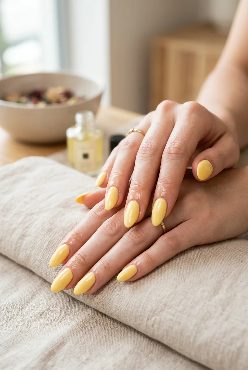 Finished butter yellow manicure with cuticle oil being massaged into surrounding skin under soft lighting
