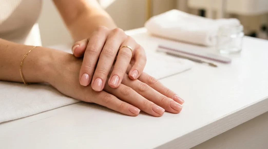 Woman's hands displaying finished nude pink manicure with glossy polish on salon table