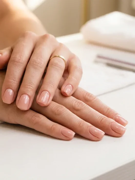 Woman's hands displaying finished nude pink manicure with glossy polish on salon table