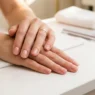 Woman's hands displaying finished nude pink manicure with glossy polish on salon table