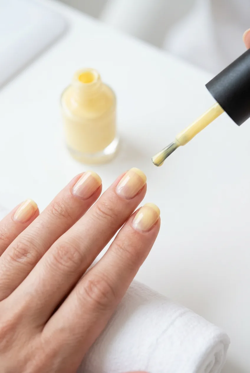 First thin coat of pale butter yellow showing translucent coverage with brush hovering over nail surface
