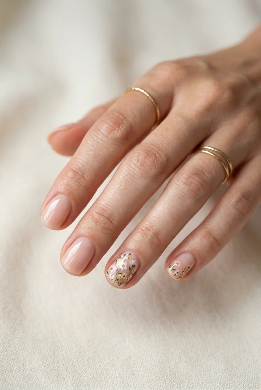 Woman's hand showing delicate floral accent nail art with tiny flowers on short nails