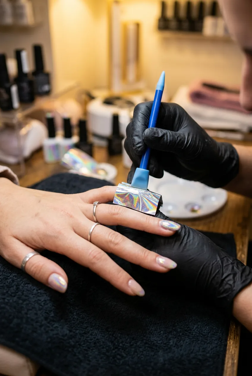 Silicone tool applying pressure to holographic foil piece positioned over fingernail during transfer process