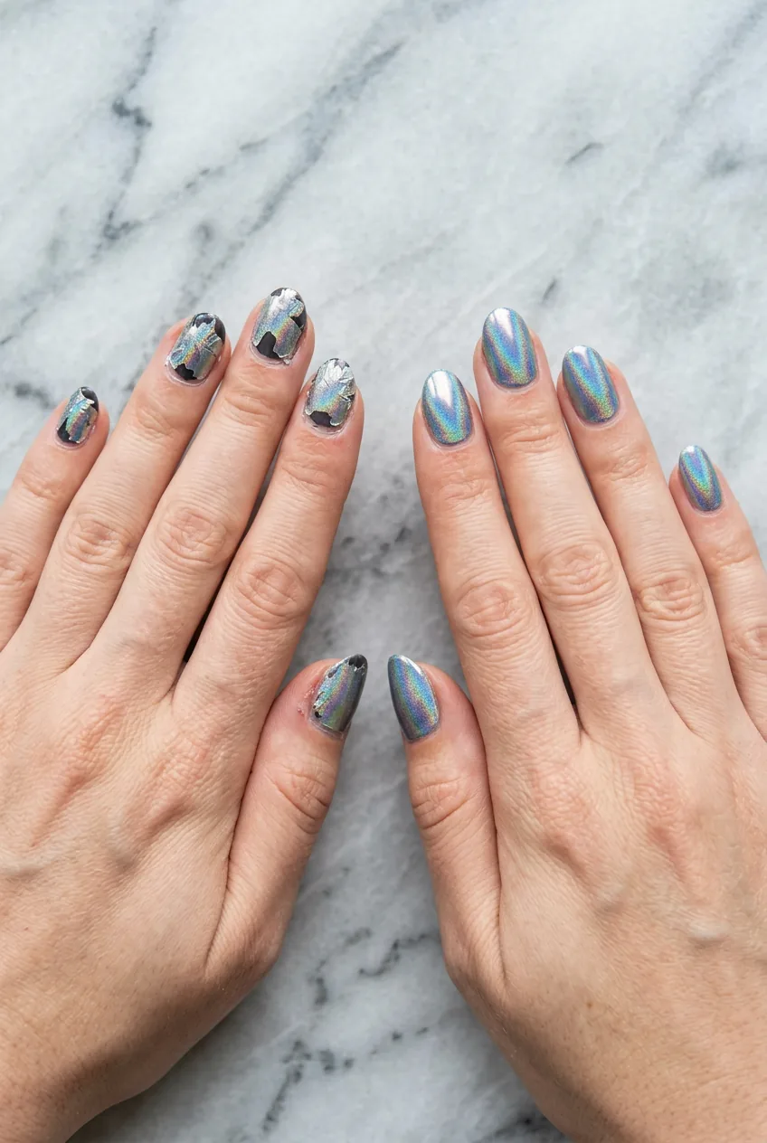 Side-by-side comparison showing patchy failed foil attempts versus perfectly smooth holographic transfers