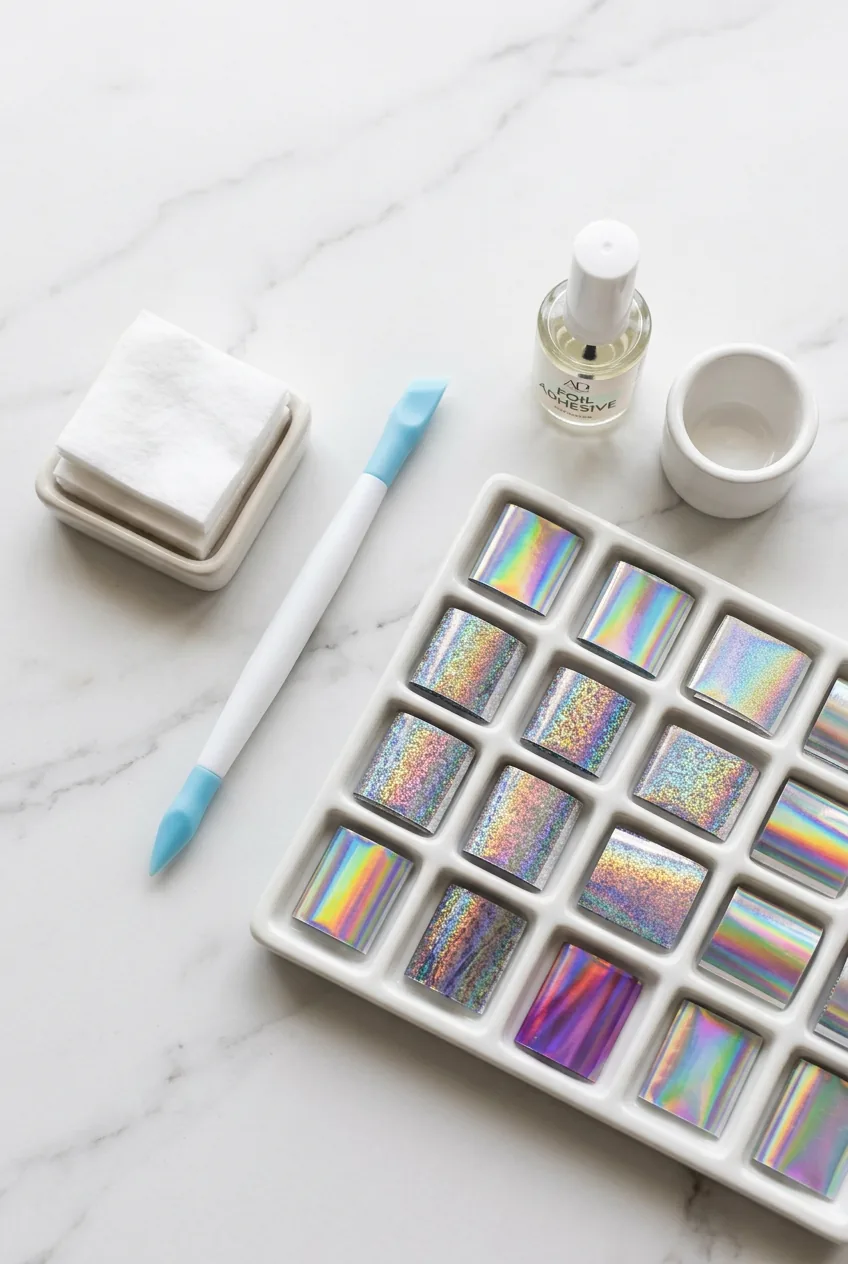 Organized foil transfer supplies laid flat including pre-cut foil pieces, adhesive bottle, and application tools