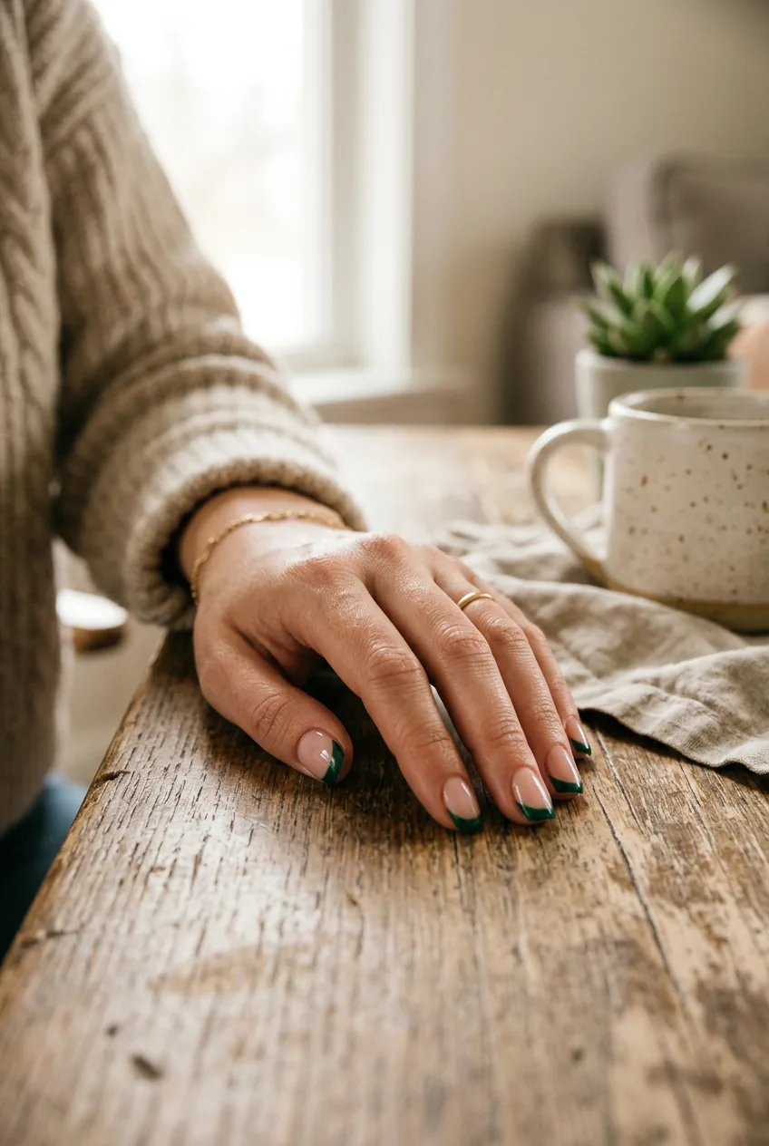 Woman's hand gesturing naturally showing forest green colored french tips on pink nail beds