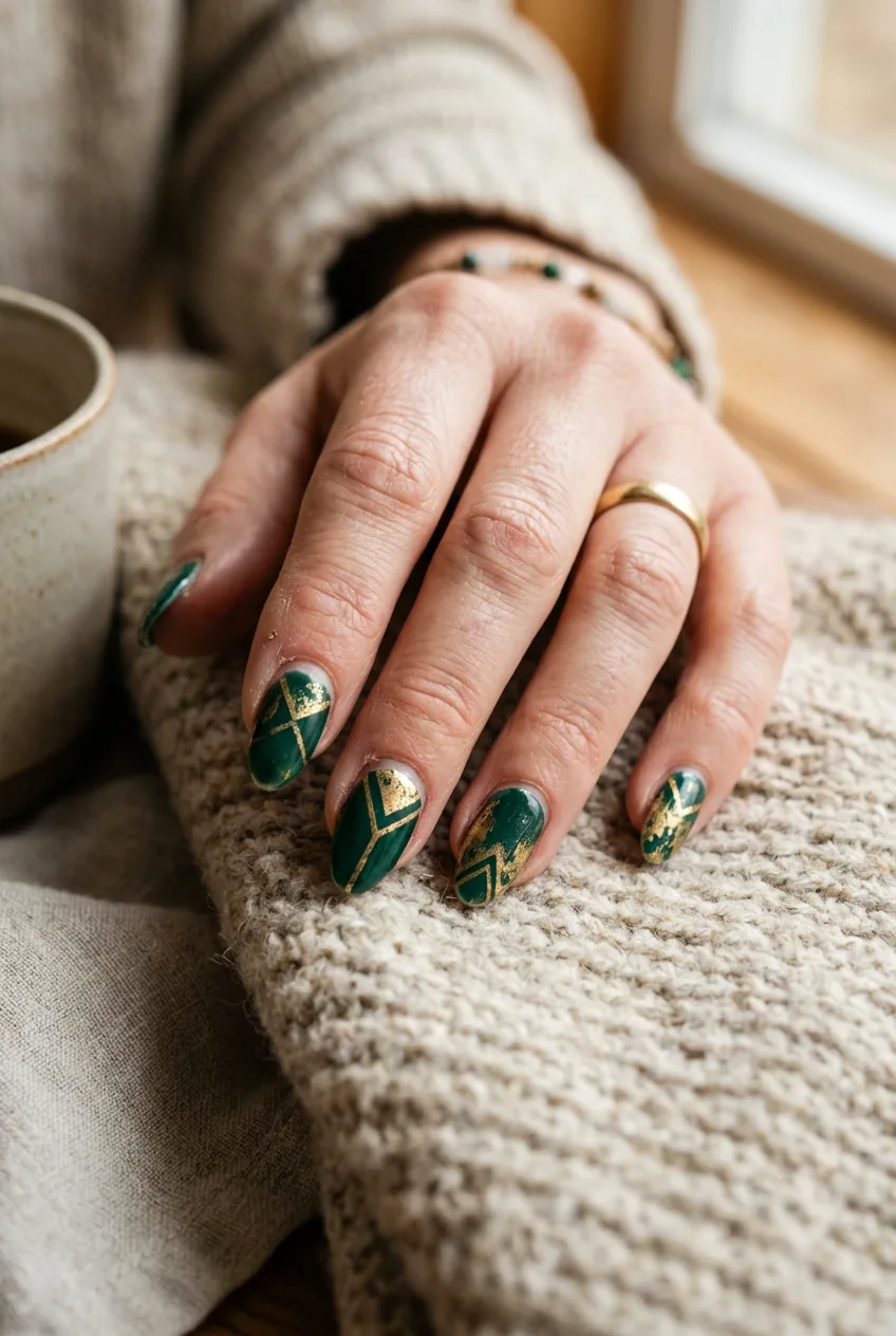 Four-week-old modern almond manicure showing natural patina and graceful wear patterns